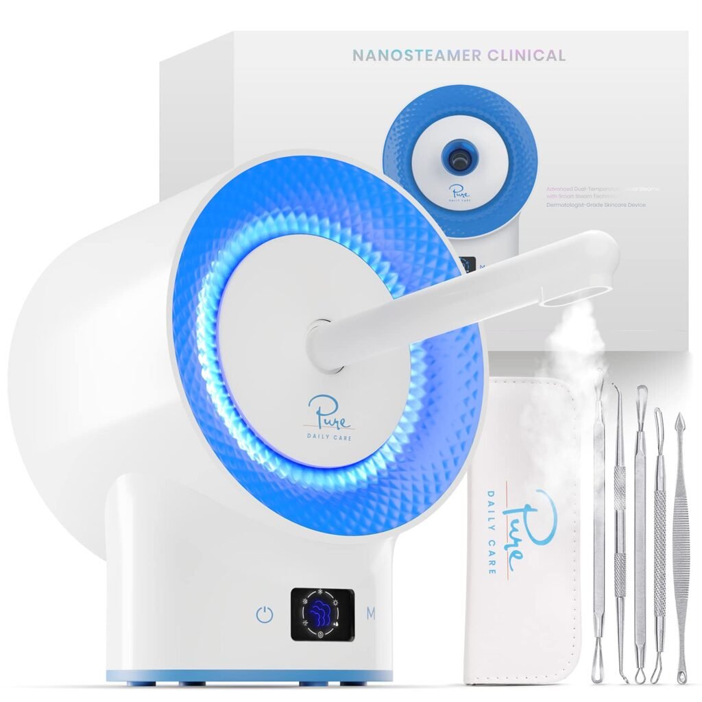 NanoSteamer Clinical - 10-in-1 Smart Steam Dermatologist Grade Ionic Facial Steamer with 2 Multi-Position Steam Nozzles - Digital LCD Screen - Extraction Set - 6 Pre-Programmed Professional Modes