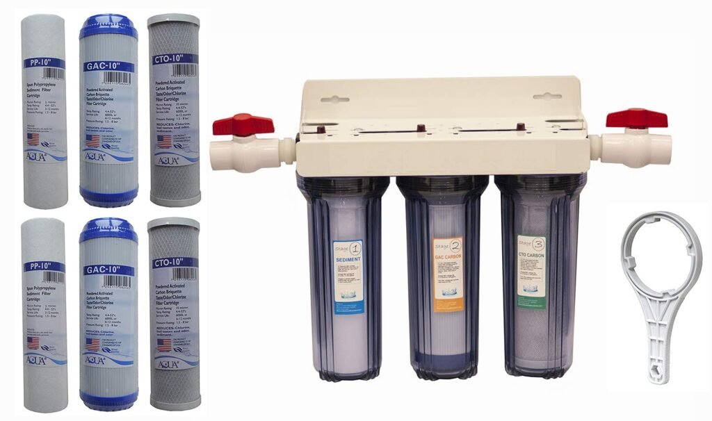 Whole House 3-Stage Water Filtration System, 3/4 Port with 2 valves and Extra 1 Year Filter Supply (2 Sets, 6 pcs)